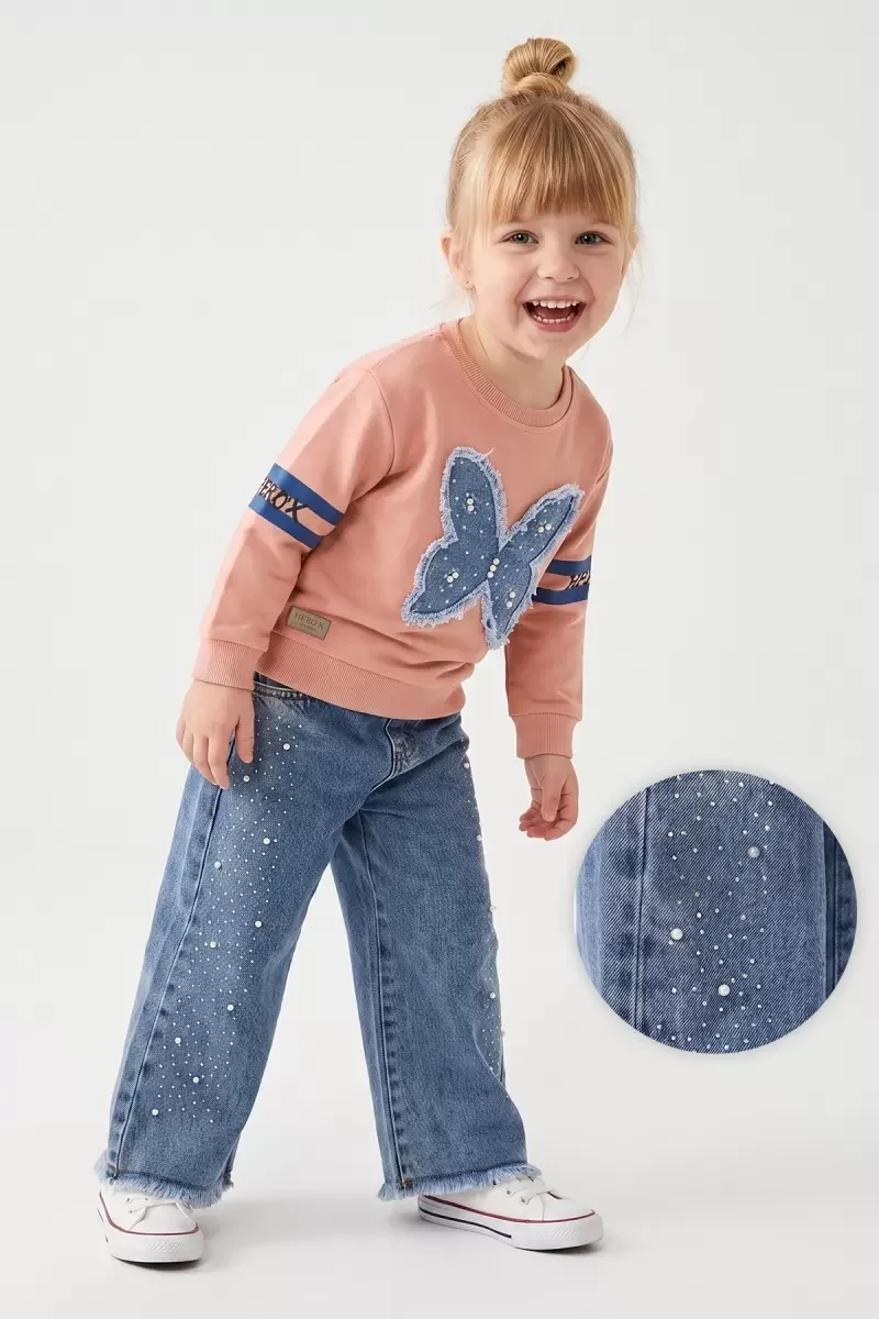 3/6 Yaş Taşlı Kelebek Nakışlı Sweatli Kot Pantolonlu Çocuk Takımı