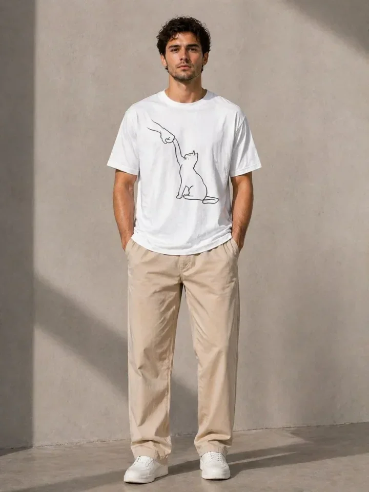 Erkek Minimal Kedi Çizim Baskılı Tişört Kısa Kol Yazlık T-Shirt - Beyaz görsel 4