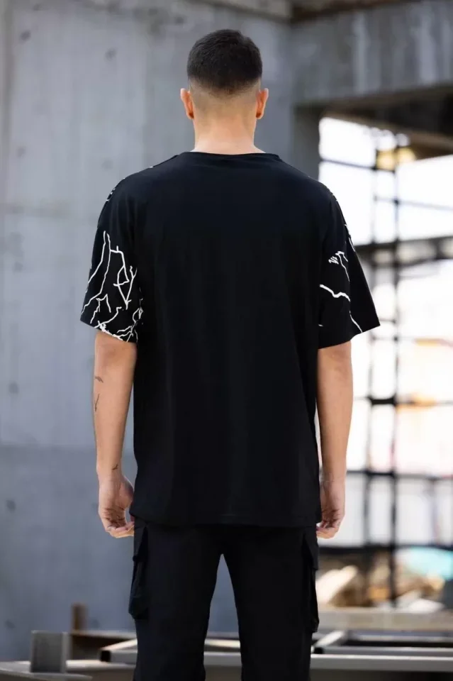 Unisex Bisiklet Yaka Baskılı Oversize T-Shirt - Siyah görsel 2