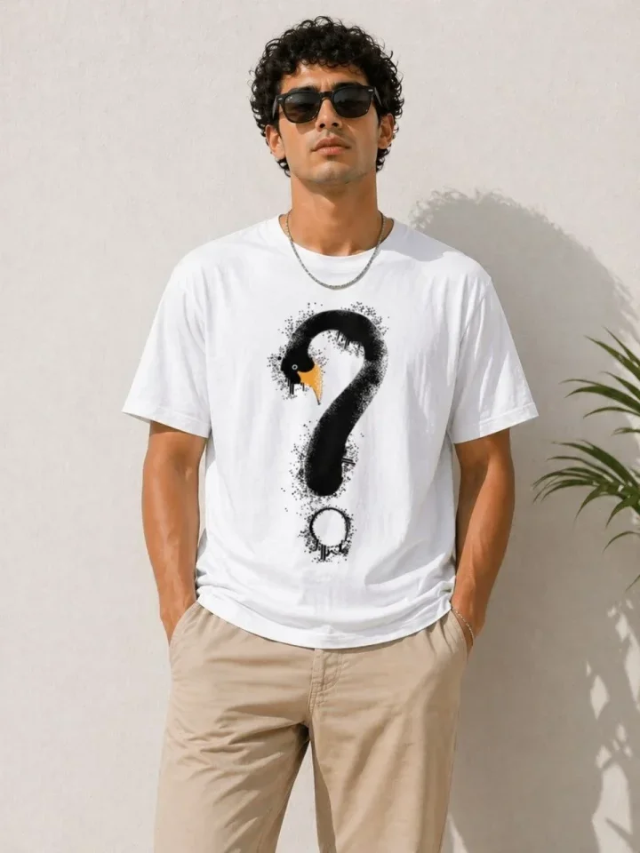 Erkek Kuğu Figürlü Soru İşareti Baskılı Tişört Kısa Kol T-Shirt - Beyaz görsel 2