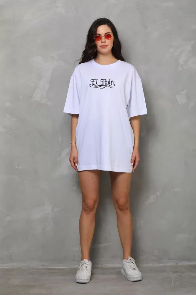 Unisex Bisiklet Yaka Baskılı Oversize T-Shirt - Beyaz görsel 4