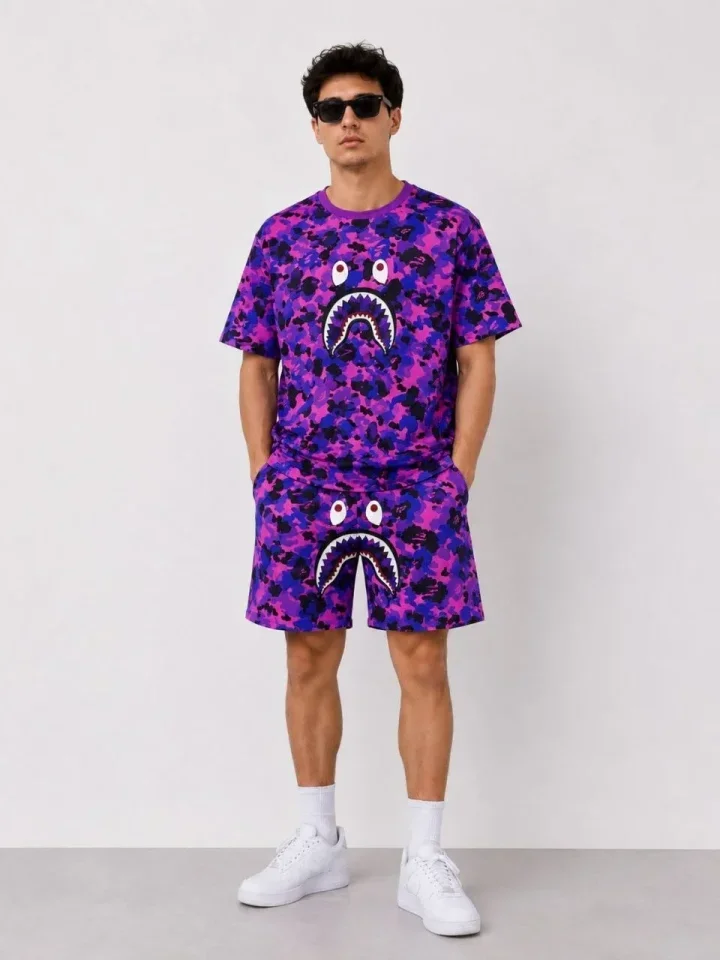 Erkek Oversize Kalıp Pubg Bape X Shark Nakışlı Cepli Şort Takım - Mor görsel 3
