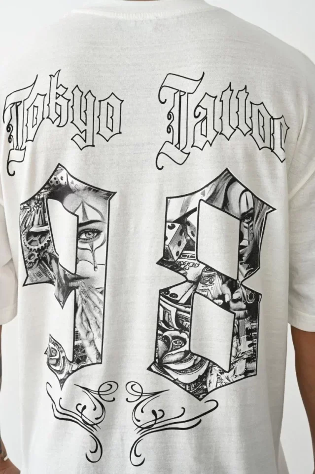 Unisex Baskılı Oversize T-Shirt - Beyaz görsel 4