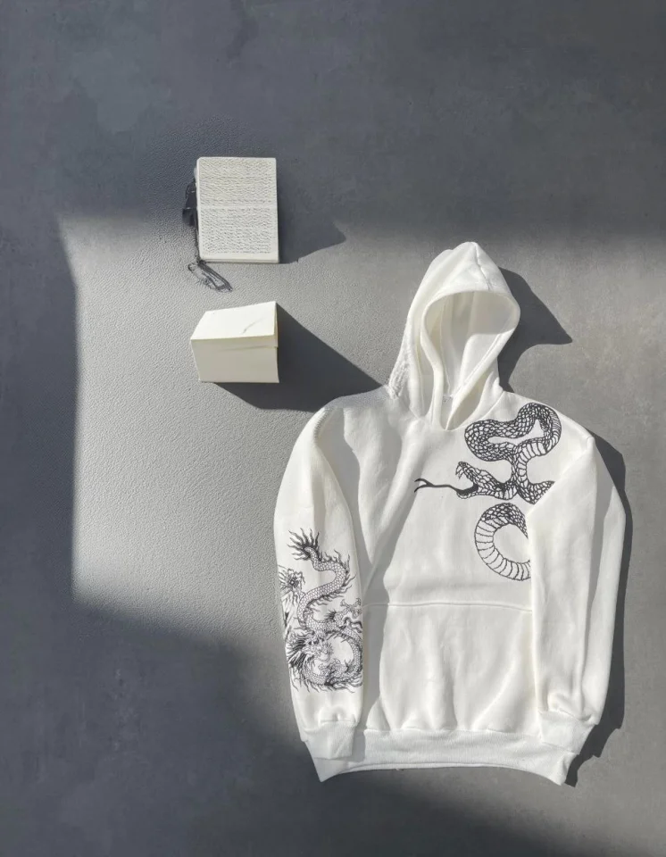 Uzun Kol Kapşonlu Baskılı SweatShirt - Beyaz görsel 4