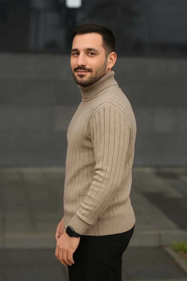 Erkek Balıkcı Yaka Bağazlı Triko Kazak Pamuklu Kalın Fitilli Dokuma, Regular Fit Uzun Kollu Kışlık Model - Bej görsel 2