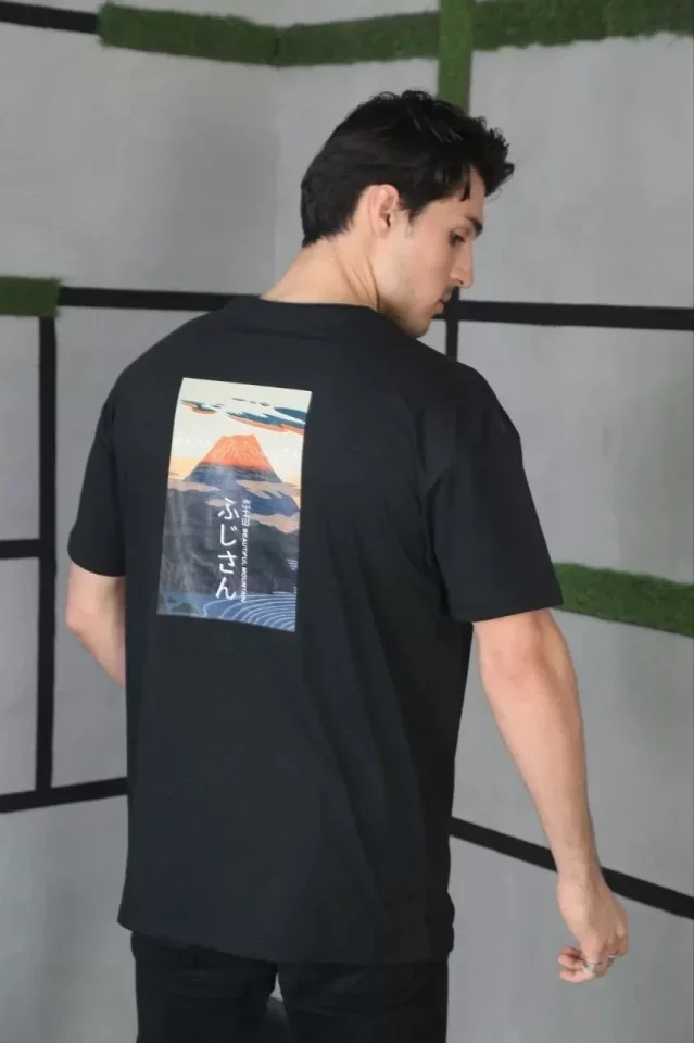 Unisex Bisiklet Yaka Baskılı Oversize T-Shirt - Siyah görsel 3