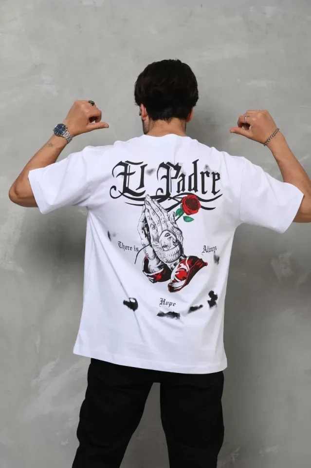 Unisex Bisiklet Yaka Baskılı Oversize T-Shirt - Beyaz görsel 3