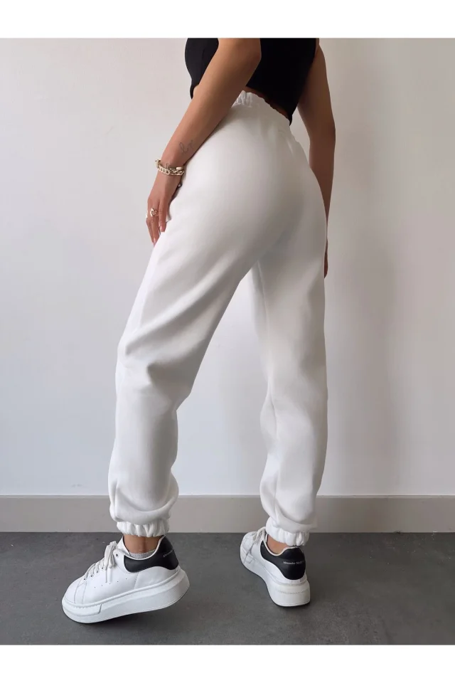 Üç İplik Basic Lastikli Eşofman Pantolon - Beyaz görsel 2