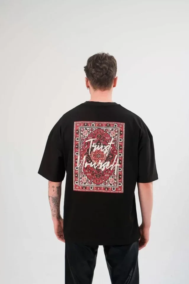 Unisex Bisiklet Yaka Baskılı Oversize T-Shirt - Siyah görsel 2
