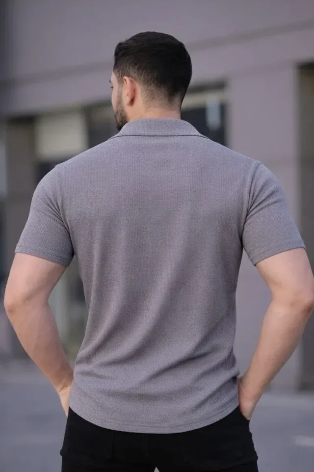 Erkek Waffle Kumaş Kısa Kollu Düğmeli Açık Yaka Regular Fit Gömlek - Gri görsel 3