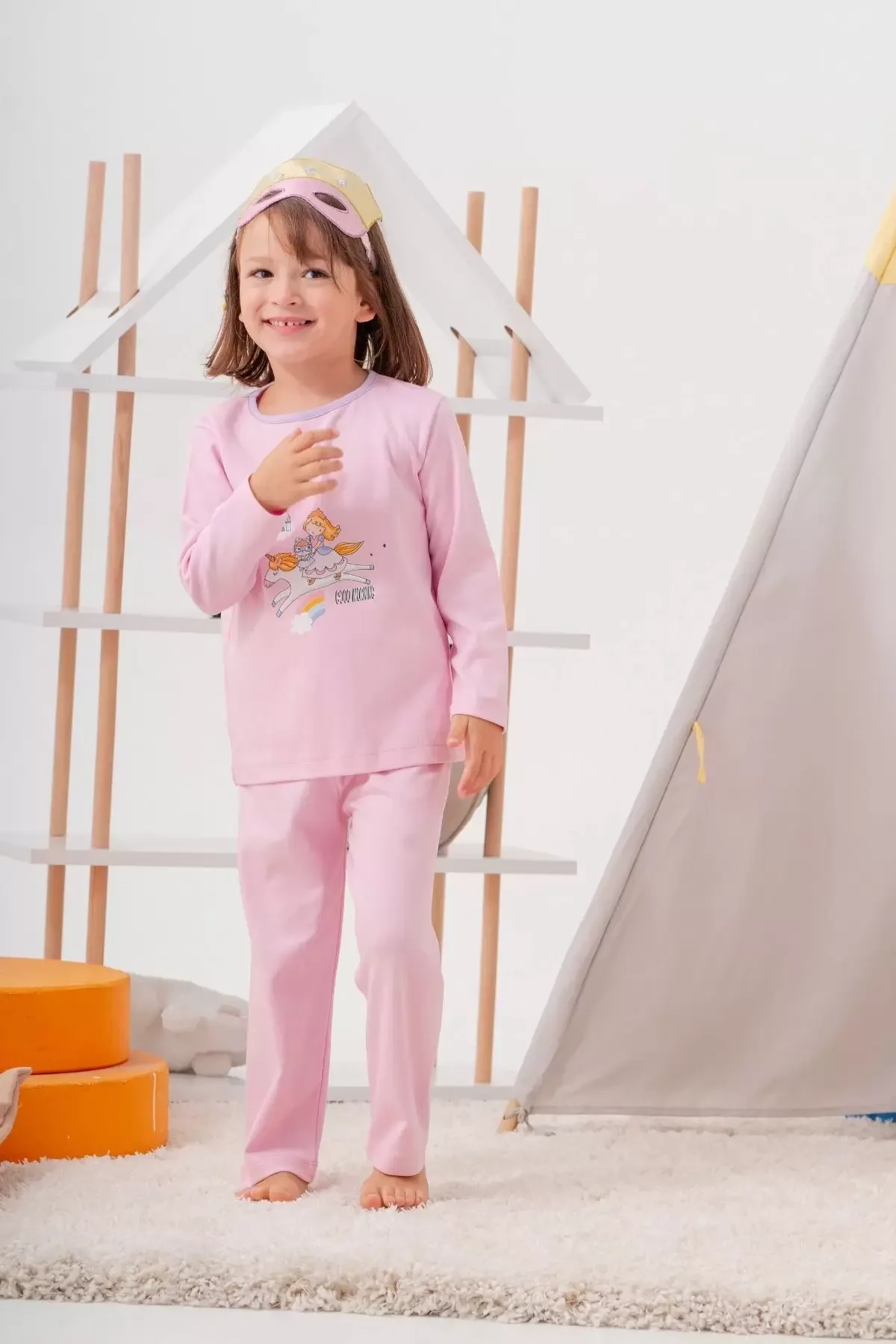 Unicorn Desenli Çanta Ve Maskeli % 100 Pamuk Kız Çocuk Pijama Takımı görsel 4