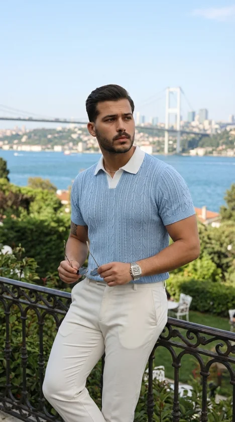 Erkek Desenli Kısa Kollu Triko Tişört - %100 Pamuk Akrilik görsel 6