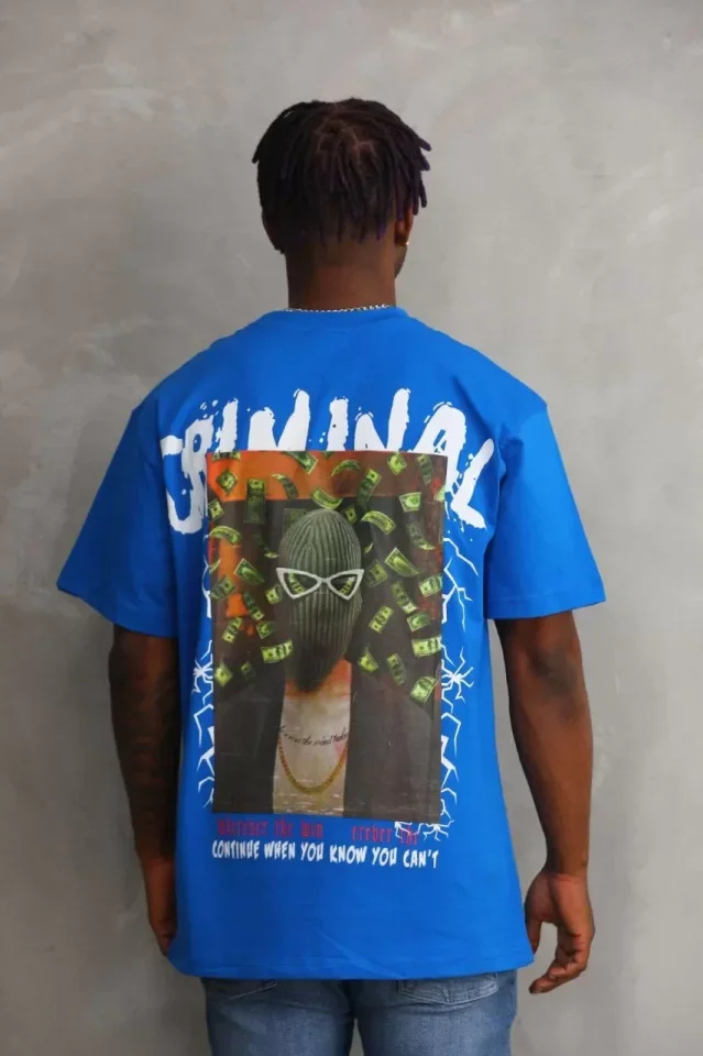 Unisex Baskılı Oversize T-Shirt - Mavi görsel 2