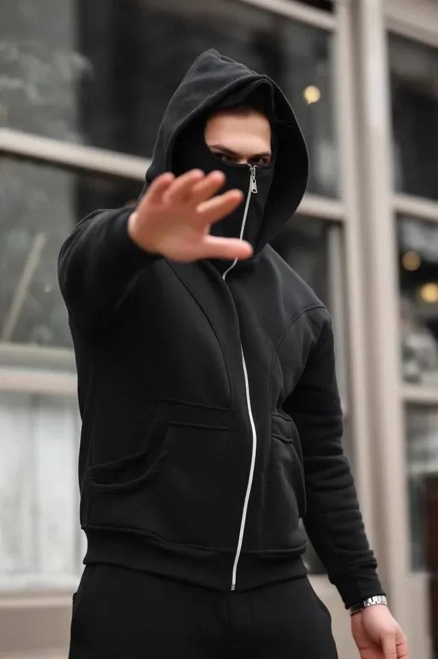 Erkek Maskeli Ninja Model Çift Kapüşonlu 3 İplik Şardonlu Fermuarlı Sweatshirt - Siyah görsel 4